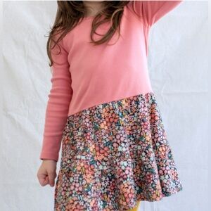 Tea Collection Pink and Floral Long Sleeve Tiered Skirt Dress